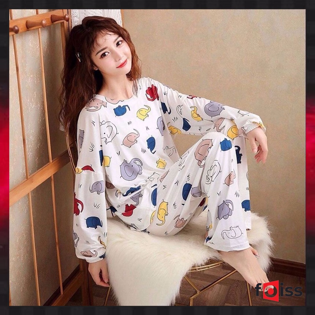 ✅𝐅𝐎𝐈𝐒𝐒® Baju Tidur Set Baju + Celana Setelan Piyama Wanita Lengan Panjang Motif Kartun 4005