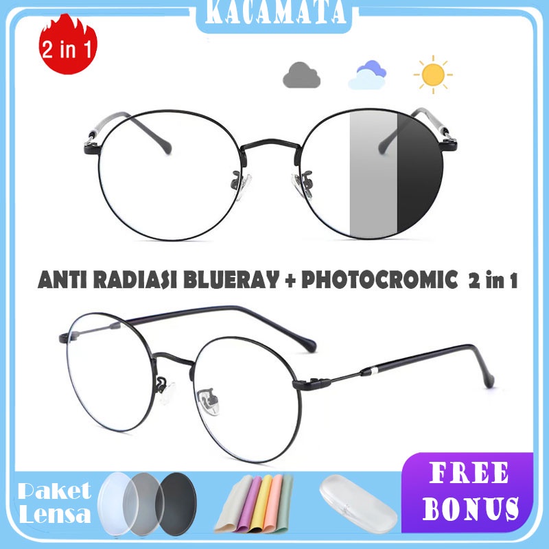 Kacamata Korea Bulat PHOTOCROMIC ANTI RADIASI BLUERAY 2in1 untuk miuns pria dan wanita metal 9001