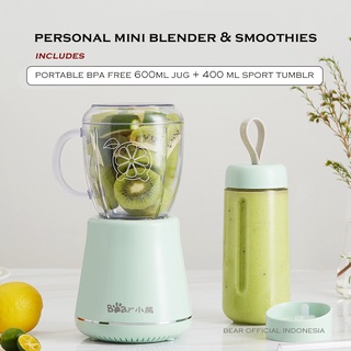 Bear Personal Mini Blender Juicer Buah, Smoothies dan Shakes with 2 BPA Free bottles (600ml Pitcher + 400 ml Tumblr)