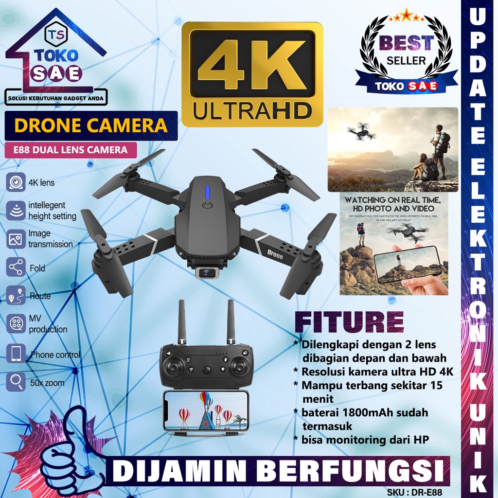 Drone Camera E88 Original RC Helikopter HD 4K Wifi Quadkopter FPV Remote Control Kamera Pengintai Ma