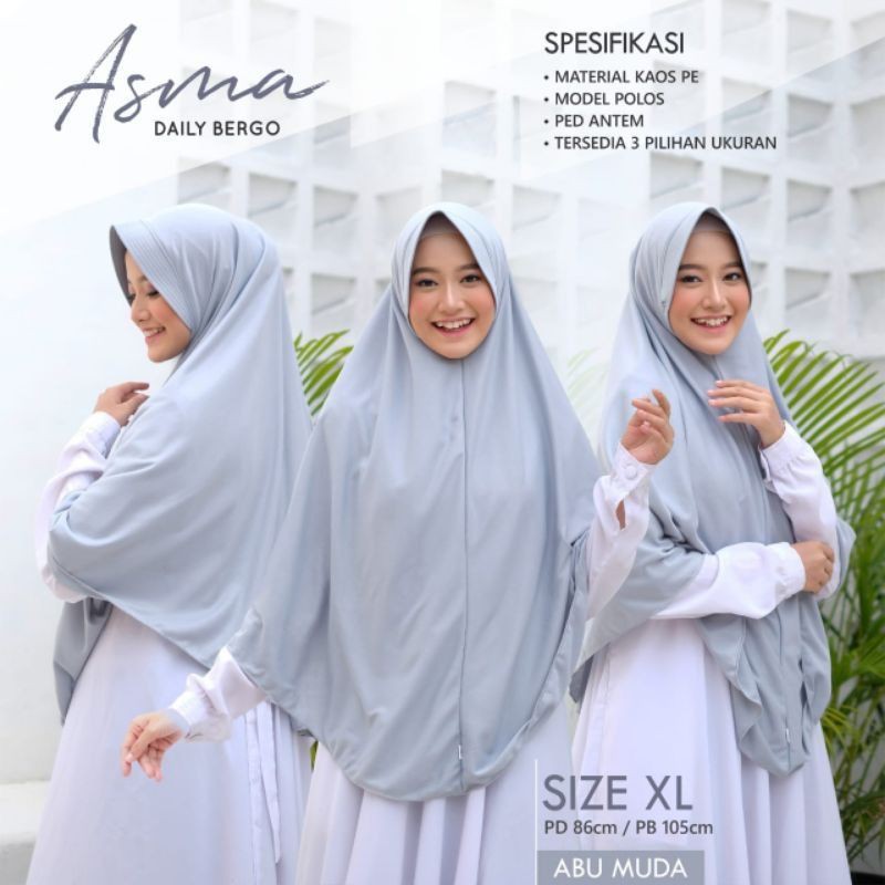 Bergo/hijab/khimar basic Asma pet antem size L, XL, XXL bahan kaos PE adem dan nyaman