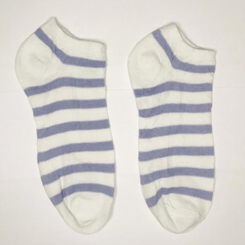 ⭐Gogoland⭐ Kaos Kaki Wanita Fashion Motif Strawberry Bunga Lebah Bee Kotak Biru Navy  Bunga Biru Green Leaf  Polos Pattern Garis Kaoskaki Pendek Korea Sock Import KK001-006-K6 PUTIH BIRU GARIS