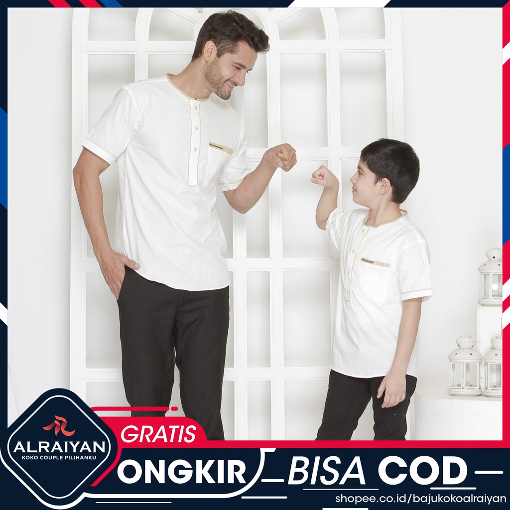 Baju Koko Couple Ayah Dan Anak Laki Terbaru Keren Bagus Warna Putih Tulang / Broken White Alraiyan
