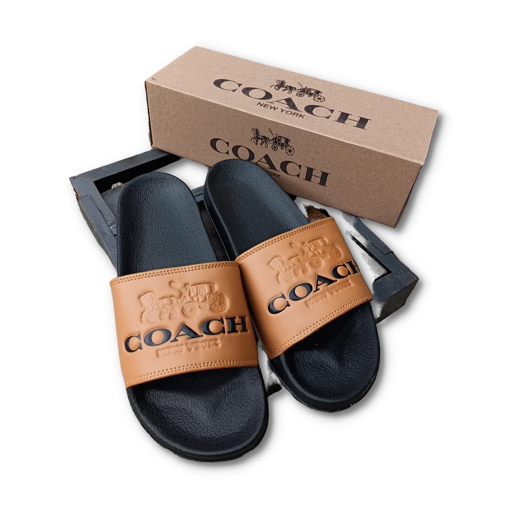 SANDAL SLIDE PRIA COACH NEW YORK COKLAT ORIGINAL / SENDAL SLOP COWOK REMAJA KEKINIAN KEREN TERMURAH 
