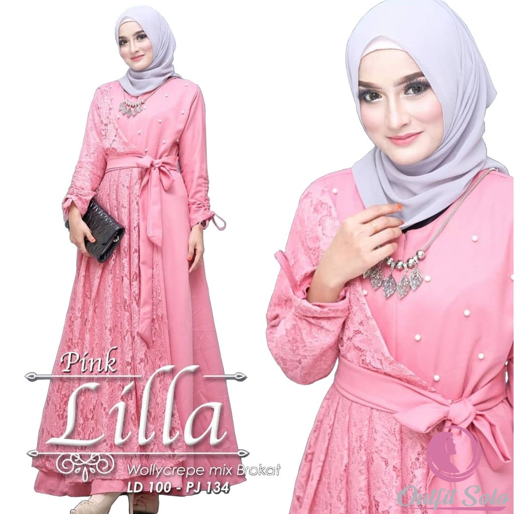 1 GARANSI TERMURAH - Lilla Maxi Dress / Alila Gamis Lila Lilia Brukat Mix Mutiara / Fashion Muslim Pesta Kondangan Terlaris-1