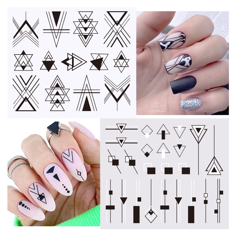 12pcs / Set Stiker Kuku Motif Geometri / Bunga / Daun / Cat Air Untuk Nail Art / Manicure Diy