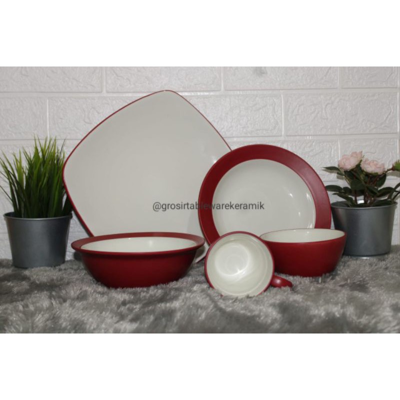 PROMO SET PIRING KERAMIK CANTIK WARNA MERAH (4 JENIS/PCS)
