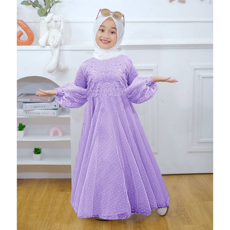 MAXI DRESS TERBARU PROMO MARSHA KID 3-11 TAHUN GAMIS ANAK BROKAT TILE DOT PREMIUM GOOD QUALITY