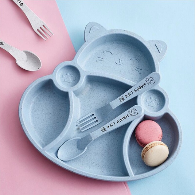 SET Tempat Makan Anak Gambar Kucing Biru Lucu SET Perlengkapan Makan Anak MPASI Murah Tableware Anak Bahan Wheat