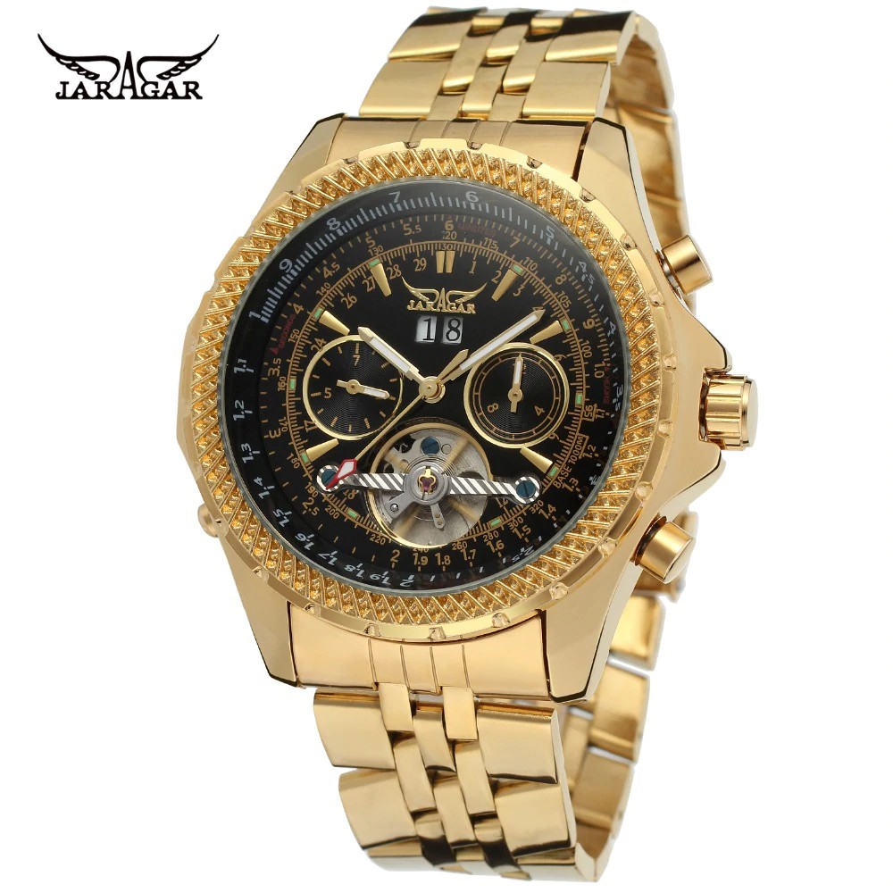 Jam tangan mekanik JARAGAR Gold Men Luxury Brand Watch Stainless Steel Tourbillion Automatic