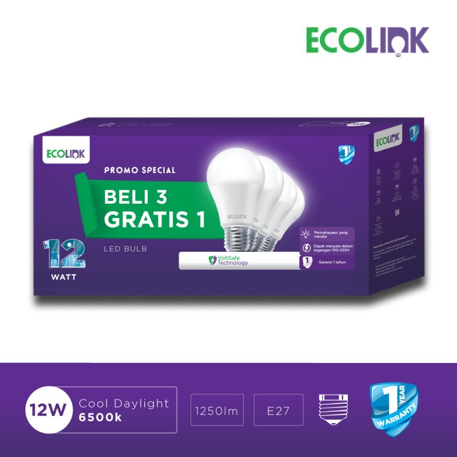 Lampu Bohlam Ecolink 3 Free 1 LED Bulb Multipack 12W Putih - 12Watt 12 Watt