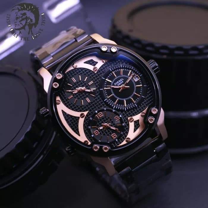 JAM TANGAN PRIA DIESEL TRIPLE TIME RANTAI STAINLESS TANGGAL AKTIF FREE BOX DAN BATERAI DM 4,8 CM || 