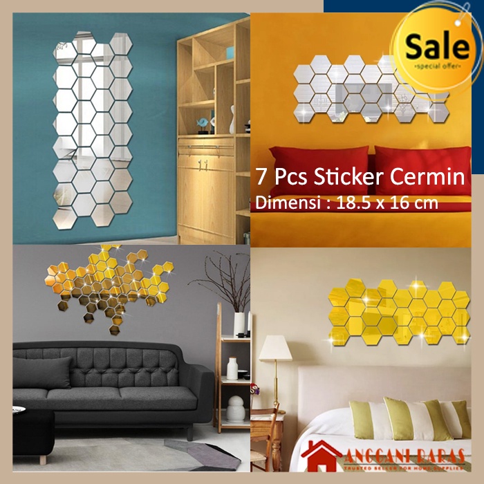 Stiker Kaca Cermin Stiker Cermin Dinding Motif Hexagonal Bahan Acrylic 7pcs