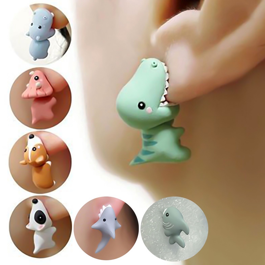 OW@ Cartoon 3D Dinosaur Polymer Clay Ear Stud Jewelry Cute Animal Women Earrings