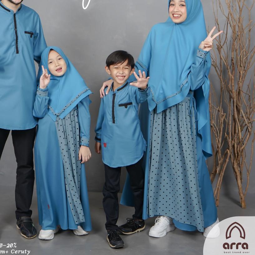Baju Koko Pria dan Gamis Kerudung Muslim Anak Dewasa Couple Keluarga Warna Biru Bahan Toyobo A10