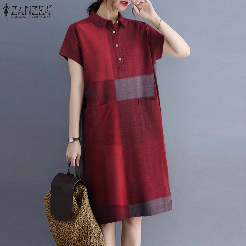 ZANZEA Womens Check Short Sleeve Turn-Down Collar Casual Loose Midi Dress