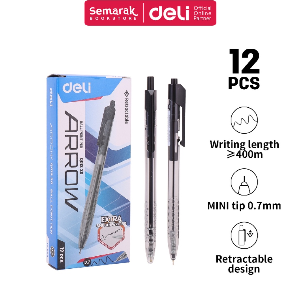 

Deli Q013 Arrow Retractable Ballpoint Pen Pulpen Cetek Halus 0.7 mm - Red / Blue / Black [1 Pack / 12 Pcs]