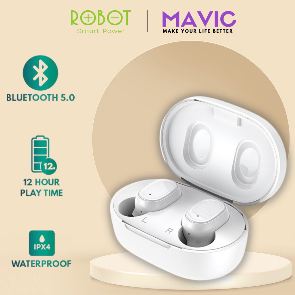 Earphone Robot TWS Wireless Airbuds T20 Headset Bluetooth Airdots - Garansi Resmi 1 Tahun-Putih