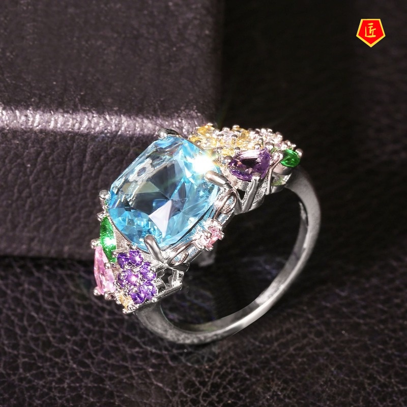 [Ready Stock]Inlaid Square Multi-Color Gemstone Ring