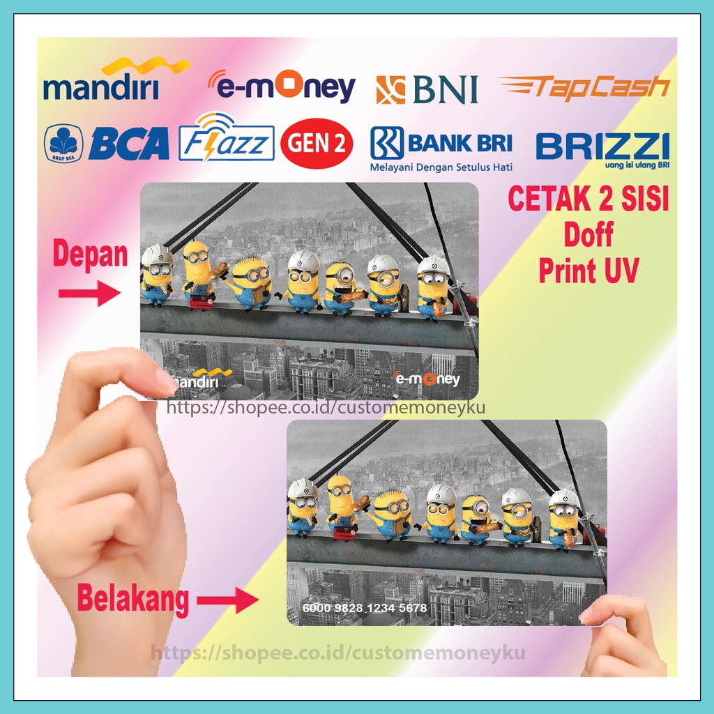 KARTU EMONEY ANIME KARTUN MINIONS LUNCH TOGETHER ETOLL E-MONEY MANDIRI FLAZZ BCA GEN 2 TAPCASH BRIZZI - 2 SISI