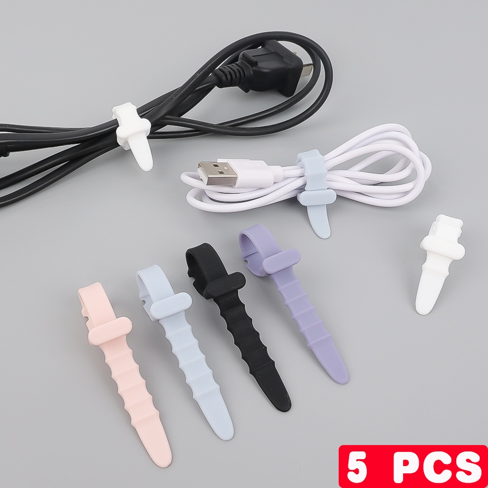 5pcs Strap Silikon Bentuk Tulang Ikan Anti Hilang Holder Kabel Data / Headphone