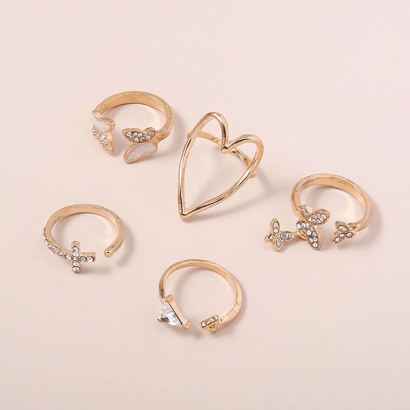 5 Pcs Cincin Jari Desain Kupu-Kupu Hati Segitiga Silang Hollow Aksen Kristal Untuk Wanita