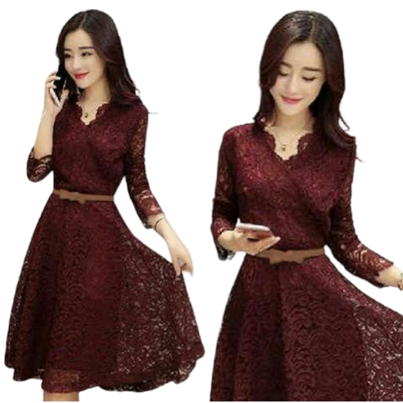Gaun Maroon Shopee 1212 Baju Natal Dres Dress Impor Maroon Natal Brokat Wanita Model Korea Bahan Bru