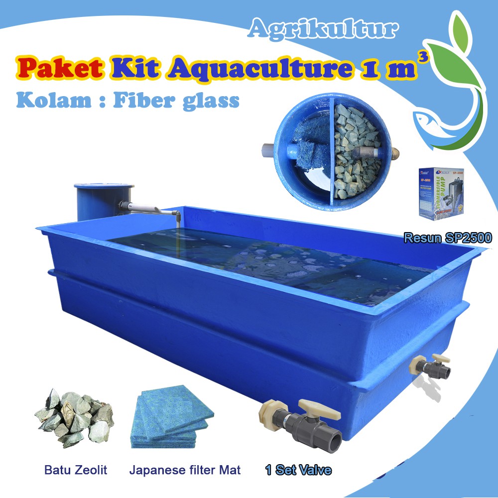 Paket kit Akuakultur / kolam ikan Plus filter / Kolam ikan fiber 1 m3