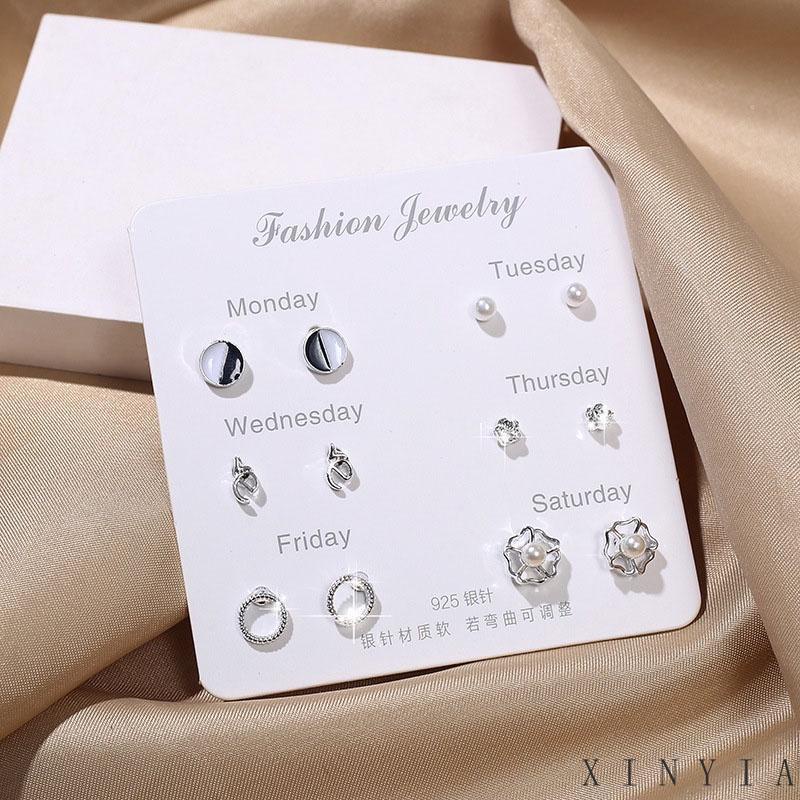 【COD】6Pcs / Set Anting Tusuk Simple Gaya Korea dengan Kristal + Mutiara untuk Wanita