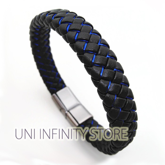 JWLB0305 Gelang Kulit Anyam Hitam Variasi Garis Magnet Pria Wanita Simple Magnetic Leather Bracelet