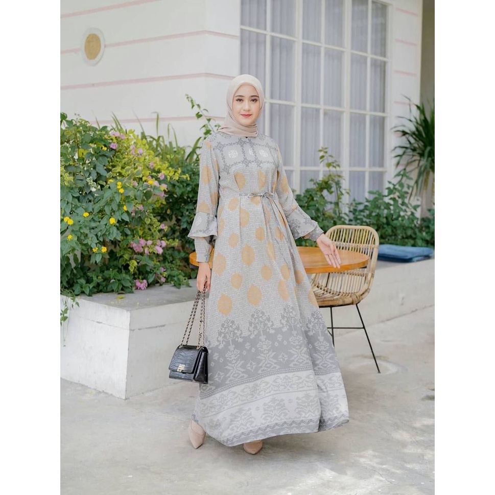 Zulina Dress - Gamis Terbaru Maxmara Silk Premium Dress Wanita Lengan Panjang Balon Karet Maxi Dress Kekinian LD 110 cm