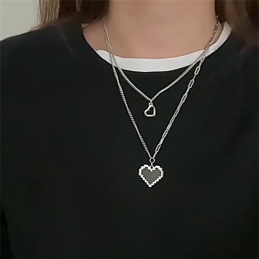 Hu Hu Hu Hu Hu Alat Bantu Pasang Kacamata♡ 1 Set Kalung Liontin Hati Lapisan Ganda Bahan Alloy Tahan Karat Untuk Wanita