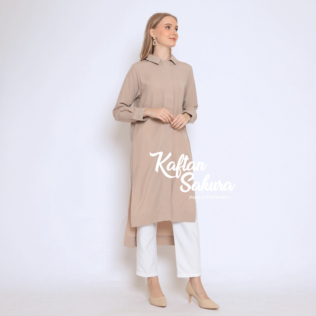 atasan tunik wanita LONG SHIRT warna nude Kemeja tunik polos lengan panjang, Long outer wanita Jumbo S - XL bahan Tencel Cotton