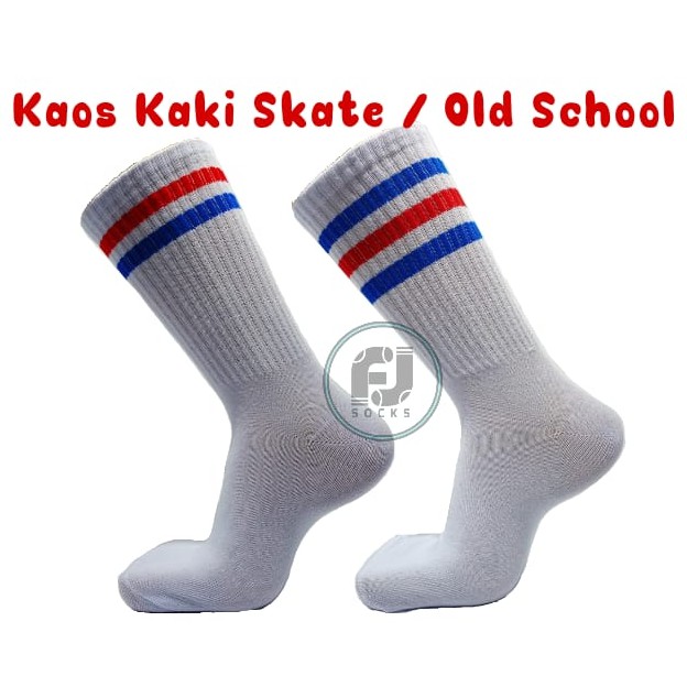 Kaos Kaki Skate/Old School Motif Garis Merah Biru