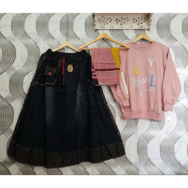 Set Jaenis Kaos Zolaqu + Kerudung / Rok Jaens Impor / Kaos Zolaqu Ori / Setelan Rok Jaenis Kos Zolqu