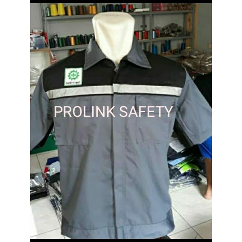 SERAGAM SAFETY LENGAN PENDEK ABU HITAM FREE LOGO K3 BENDERA