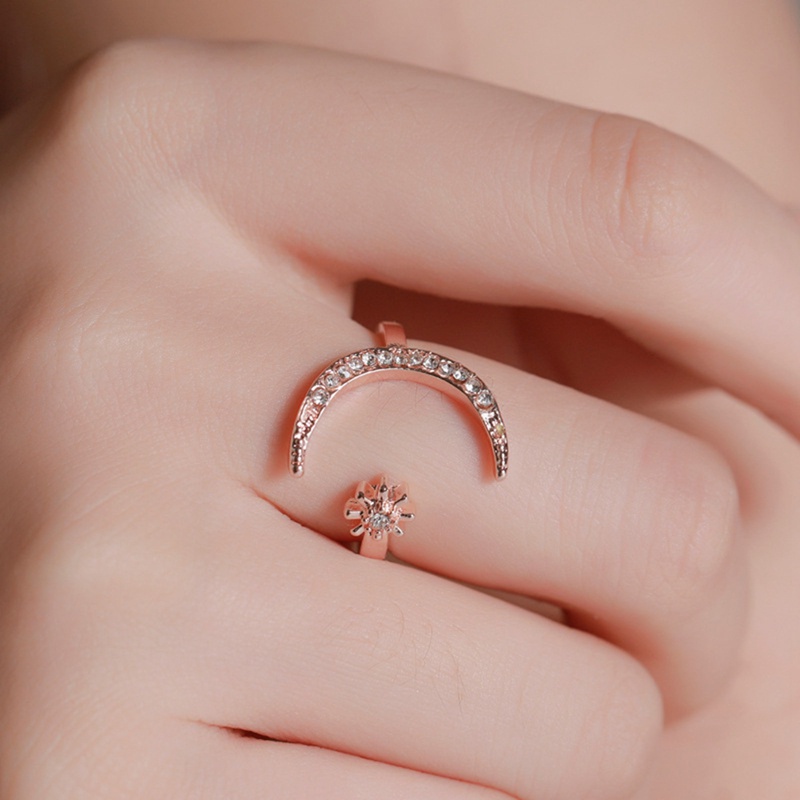 Cincin Jari Telunjuk Wanita Model Terbuka Desain Bulan Bintang Hias Berlian Untuk Hadiah