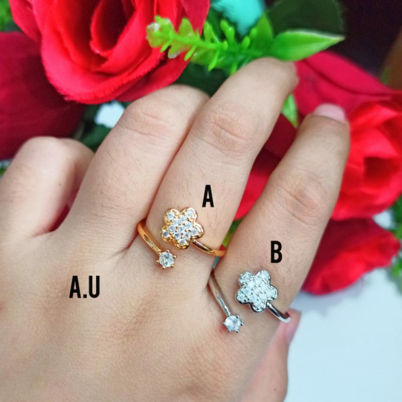 cincin simple permata motif, elegan lapis logam emas silver &amp; gold (COD)