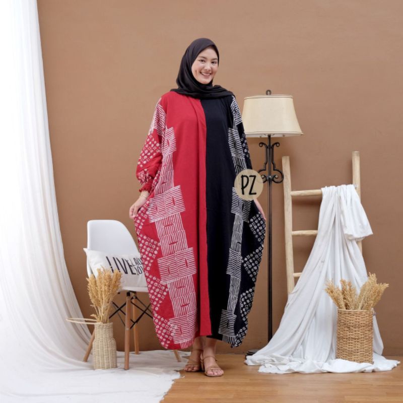 kaftan gamis batik cap 2 tone red n black rayon busui hsb best seller