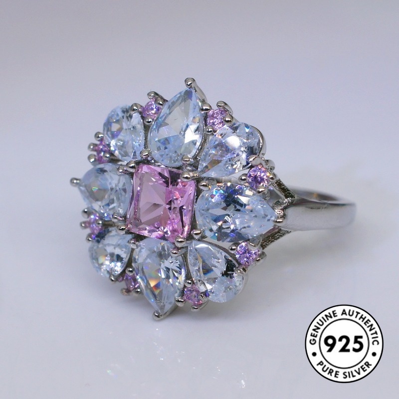 Cincin Silver S925 Bentuk Bunga Hias Kristal Berlian Kotak Warna Pink Untuk Wanita