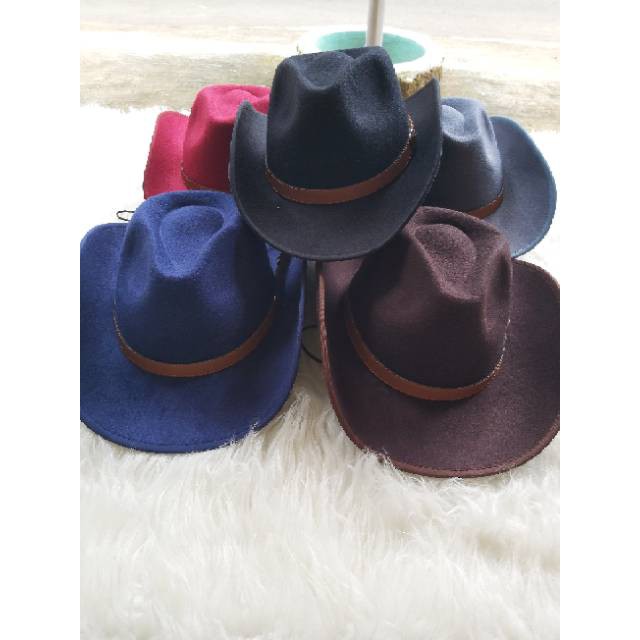 Topi Koboy High Class fedora Cowboy laken tali gesper Koboi bludru import