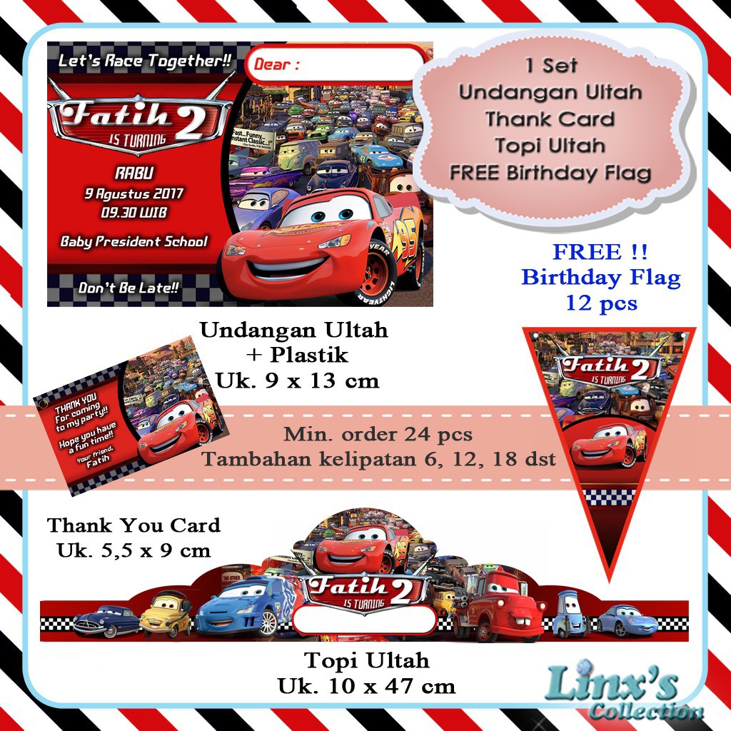 1 set undangan Ultah Anak/Kartu souvenir/topi ulang tahun Cars