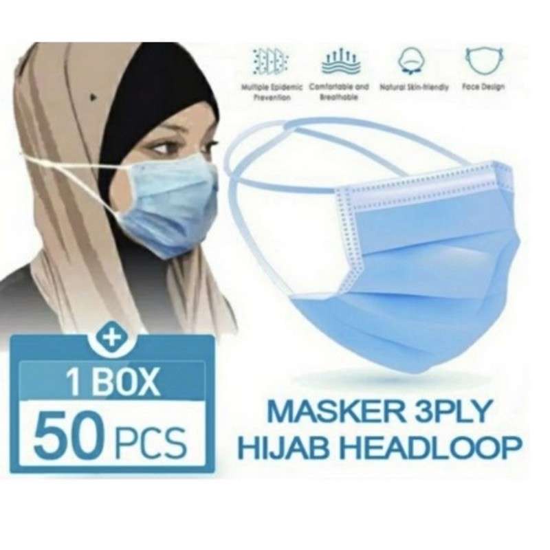 MASKER 3PLY HEADLOOP 3 PLY MASKER HIJAB MEDIS BEDAH KEMENKES RI - Biru Muda
