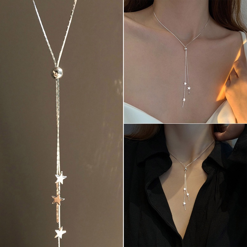 Kalung Choker Rantai Klavikula Bahan 925 Sterling Silver Desain Bintang Rumbai Panjang Untuk Wanita