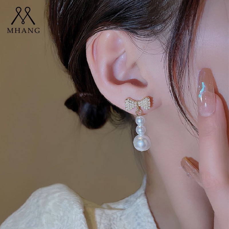 Anting S925 Silver Needle Bentuk Pita Aksen Mutiara Gaya Korea Untuk Wanita