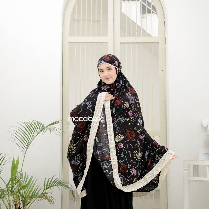 Mukena Dewasa Jumbo 2 in 1 Kayana Motif Bahan Rayon Premium Jatuh Adem Ponco Pouch Tas Sleting Hitam