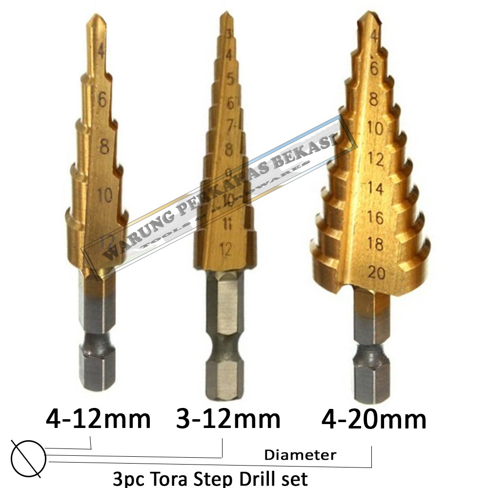TORA Japan Quality 3pcs Multi Step Drill Set Mata Bor Besi Plat Pagoda HSS 3-12mm 4-12mm 4-20mm
