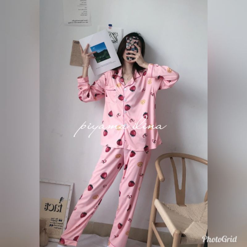 DW-45PP Piyama Wanita Dewasa/ Baju Tidur Wanita Bahan Kaos Import Motip strawberry