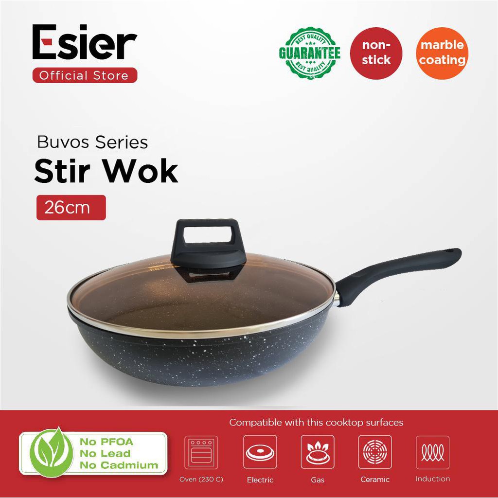 Esier Buvos Stir Wok Pan with Lid - Wajan Panci Marble 26cm