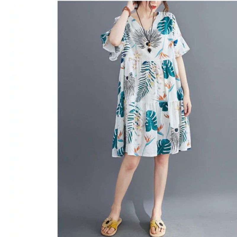 MDLV ~ 53009 Hervania Loose Dress Motif Daun Fashion Import